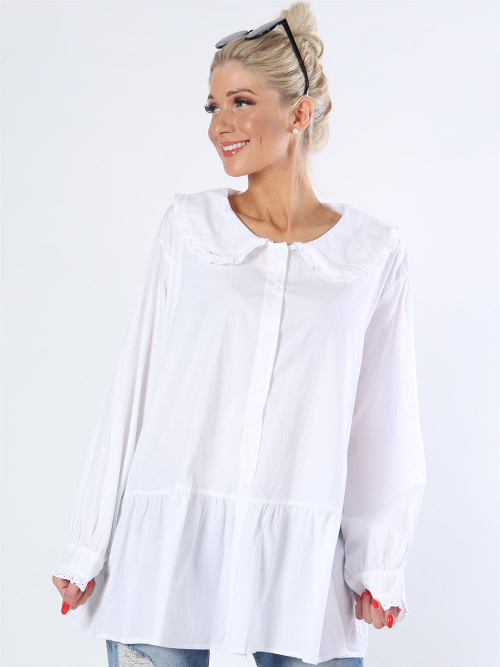 Rimm - Armygrøn skjorte med krave med lille flæsekant af broderie anglaise